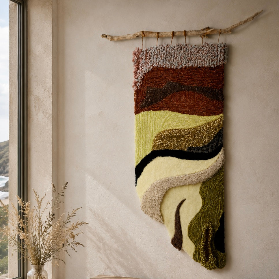 Castle Beach
Hand-tufted wool & acrylic yarn. Driftwood-mounted . striped rocks, mossy textures, shallow pools. hand tufted. coastal art. cornish art. beach art. bespoke. one off piece. art. art collector