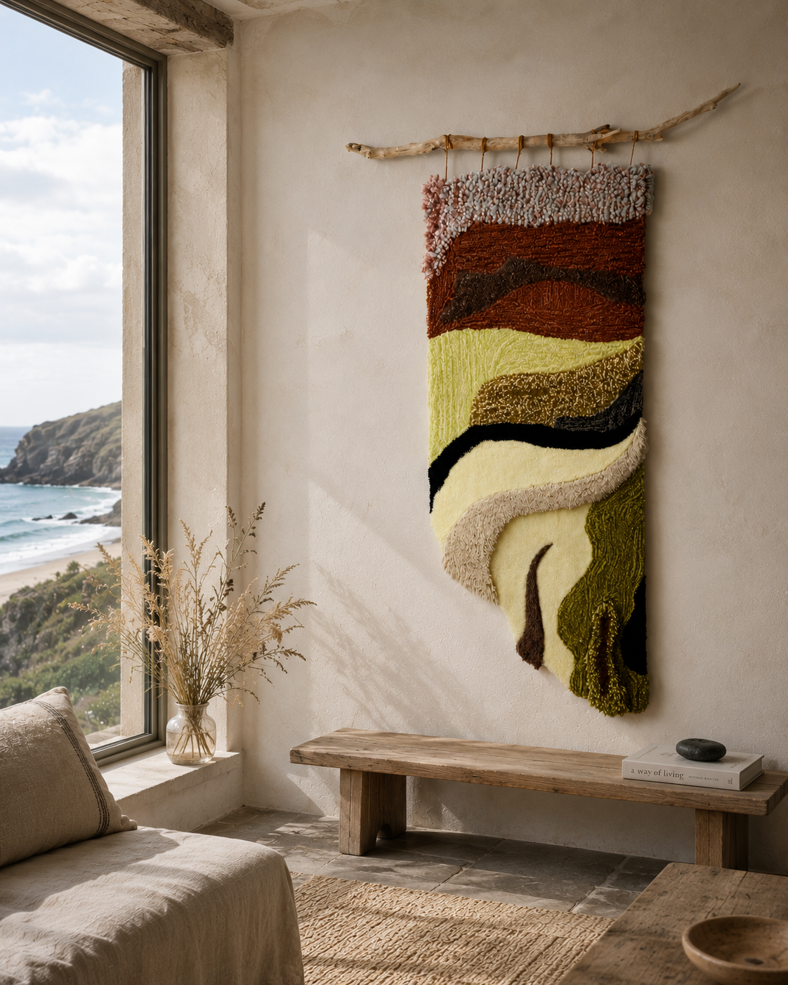 Castle Beach
Hand-tufted wool & acrylic yarn. Driftwood-mounted . striped rocks, mossy textures, shallow pools. hand tufted. coastal art. cornish art. beach art. bespoke. one off piece. art. art collector