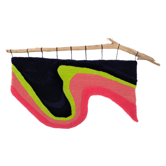 Lapping Light, Swanpool – hand-tufted textile wall hanging on driftwood displayed in a light coastal interior