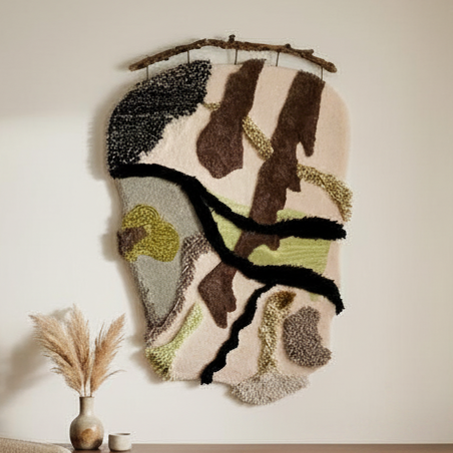 Hand made textured wall art with abstract pattern  suspended from foraged  driftwood . Praa Sands. fine art. indivisual piece. one off. art collector. cornish art. coastal art.